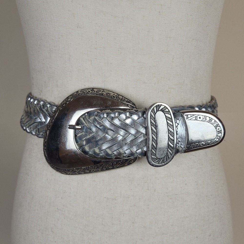 Vintage Silver Leather Belt Lg Woven Braided Western Statement Boho Ornate Rodeo